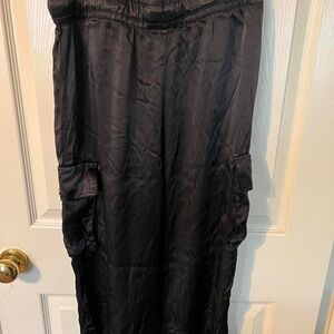 Black Satin Cargo Midi Skirt